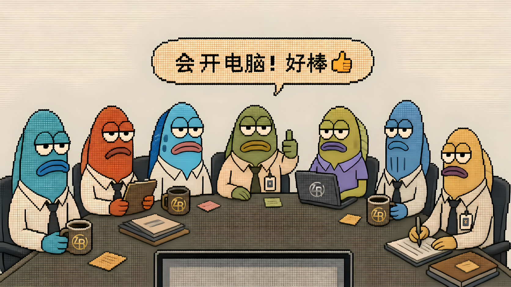 七位珠宝团队同事围坐办公桌，气泡写着：会开电脑！好棒。